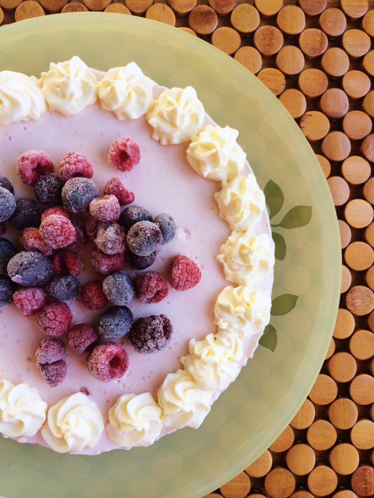 Wild Strawberry and Rhubarb Yoghurt Cheesecake with a Raw Base