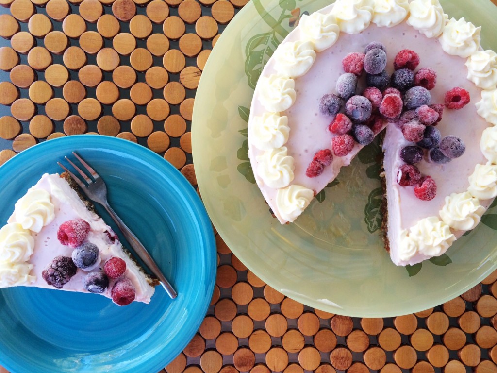 Wild Strawberry and Rhubarb Yoghurt Cheesecake with a Raw Base