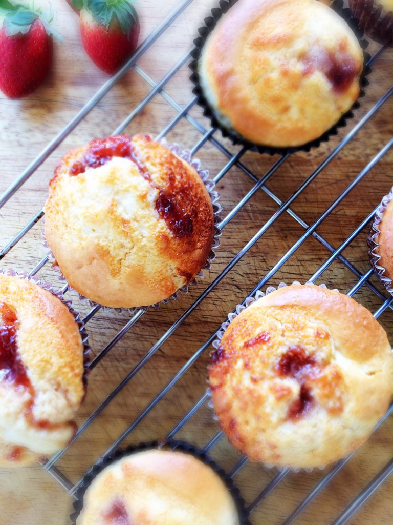 Strawberry Jam Centred White Choc Chip Muffins