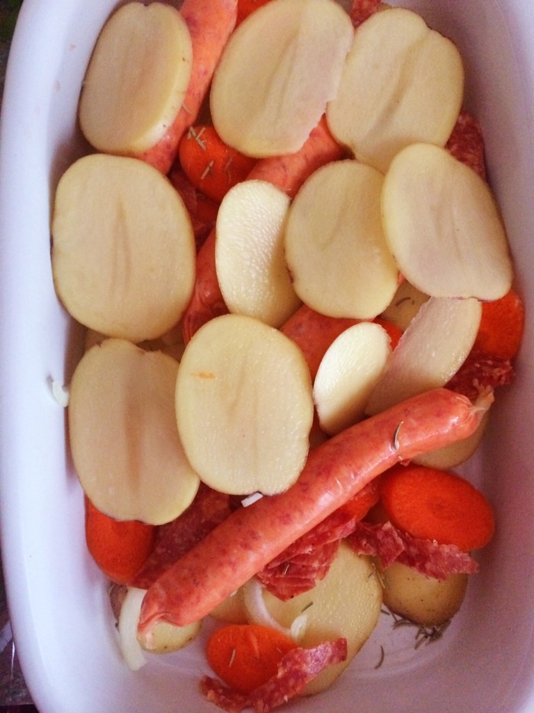 Baked Sausage, Salami and Potato