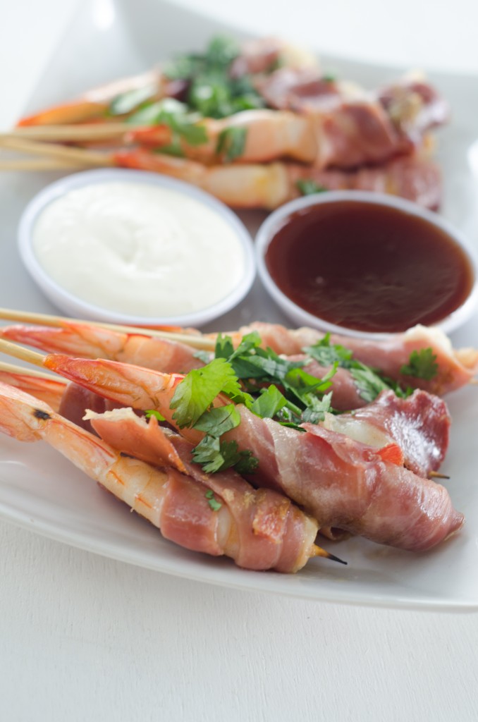 Prosciutto Wrapped Prawns with Aioli and Plum Sauce