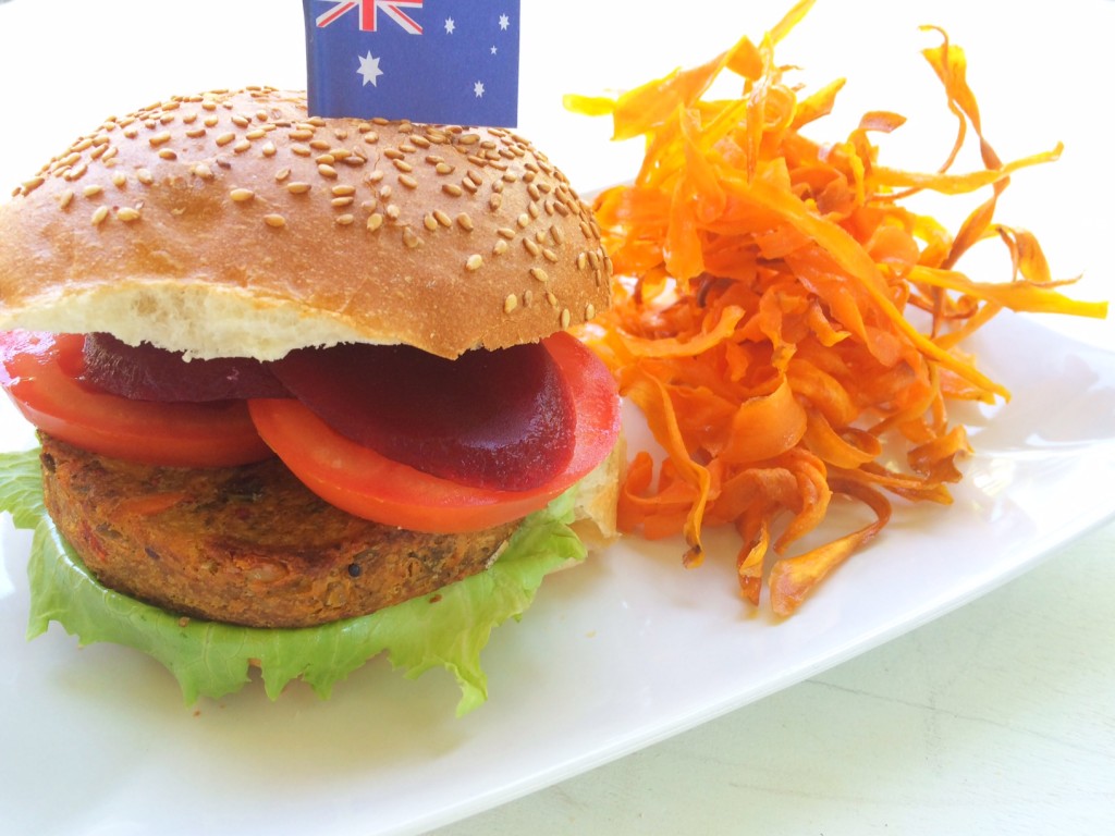 Aussie Vegetable Burger with Sweet Potato Fries