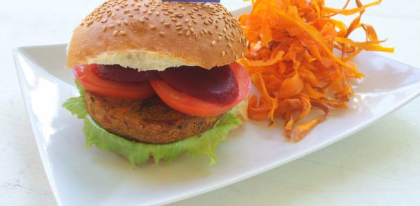 Aussie Vegetable Burger with Sweet Potato Fries