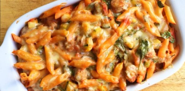 Cheese and Tomato Sausage Pasta Bake with added Green Vegetables