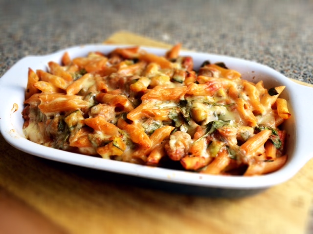 Cheese and Tomato Sausage Pasta Bake with added Green Vegetables