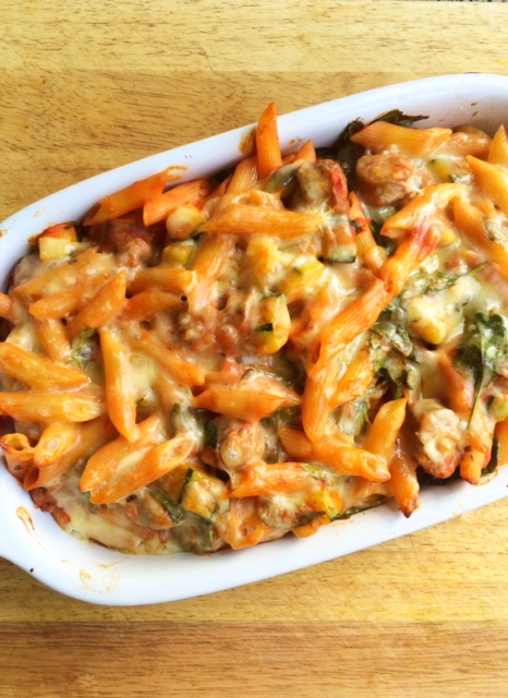 Cheese and Tomato Sausage Pasta Bake with added Green Vegetables