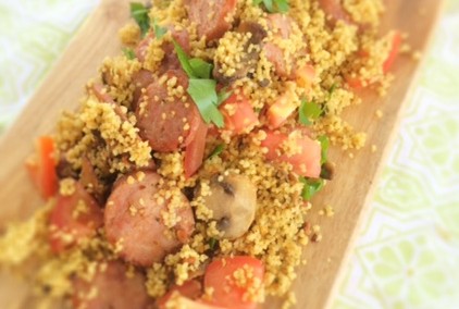 Warm Couscous salad with Krakowurst, Mushroom and Fresh Tomato