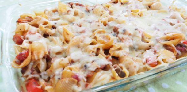 Bacon and Mushroom Shell Pasta Bake