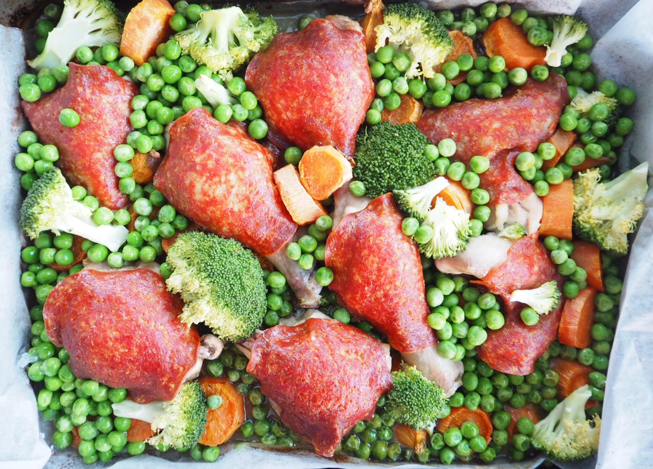 Chicken, Salami and Vegetable Tray Bake