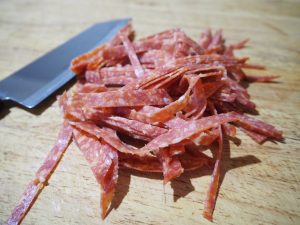 Crunchy Salami, Penne Pasta and Poor Man's Parmesan