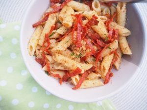 Crunchy Salami, Penne Pasta and Poor Man's Parmesan