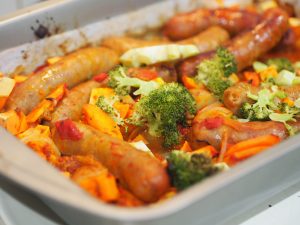 Sausage, Tomato Pesto and Vegetable Tray Bake