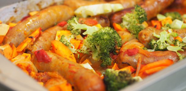 Sausage, Tomato Pesto and Vegetable Tray Bake