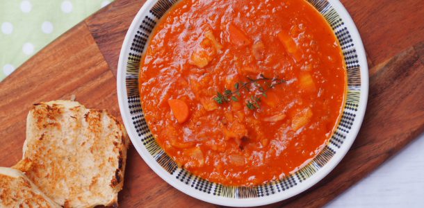 Red Lentil, Tomato and Smokey BBQ Bacon Soup