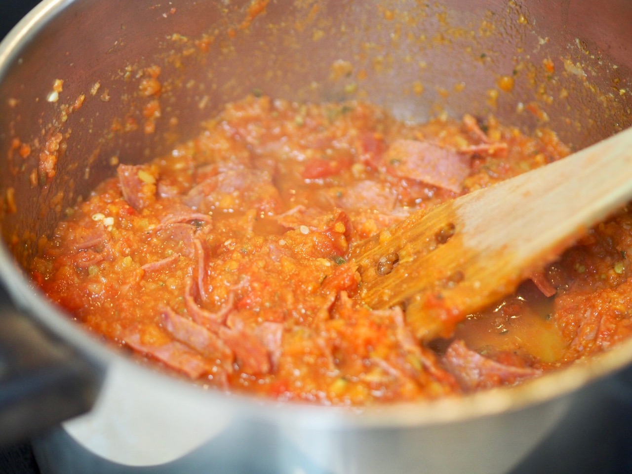 Creamy Five Vegetable and Salami Fusilli Pasta