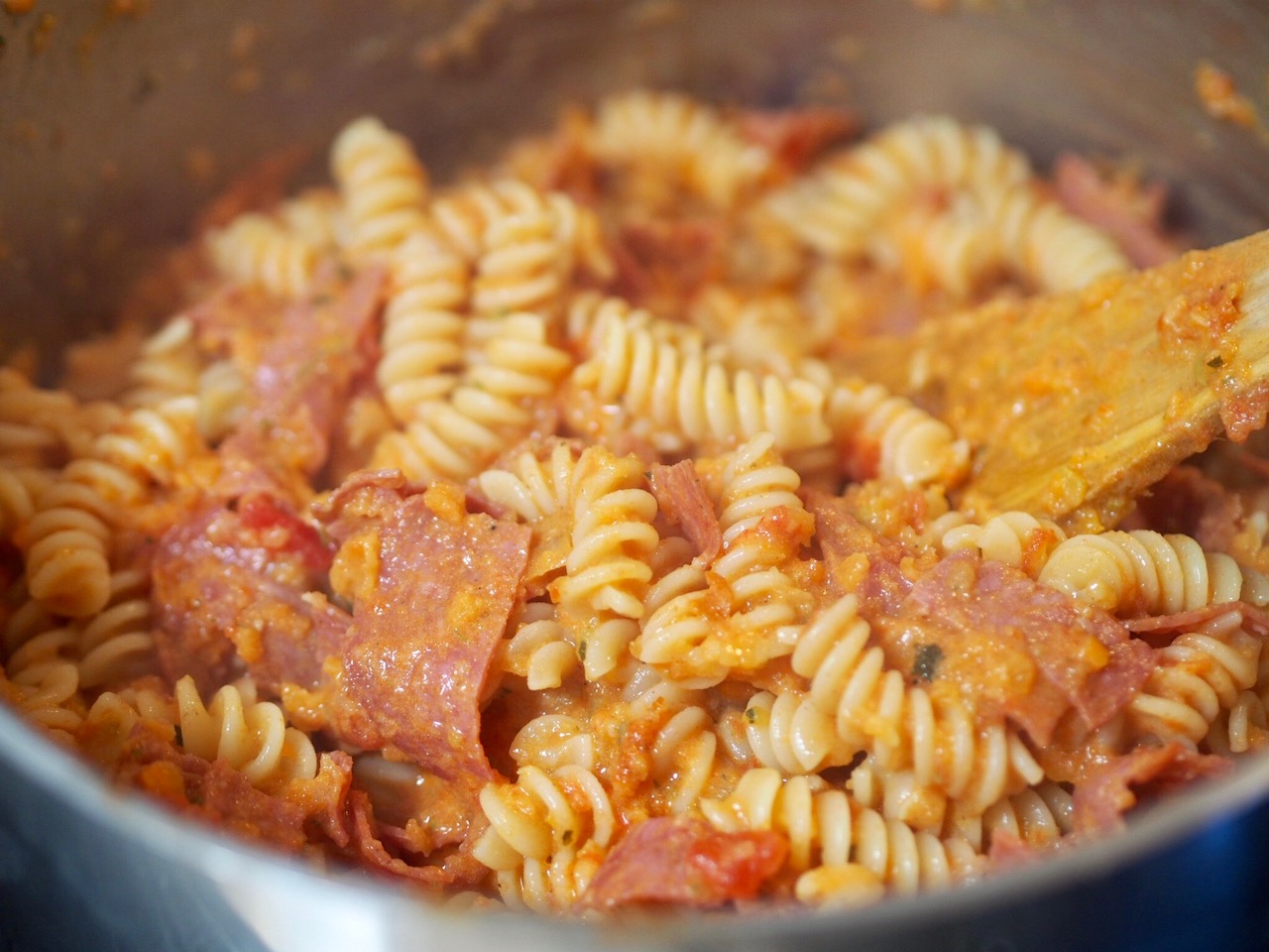 Creamy Five Vegetable and Salami Fusilli Pasta