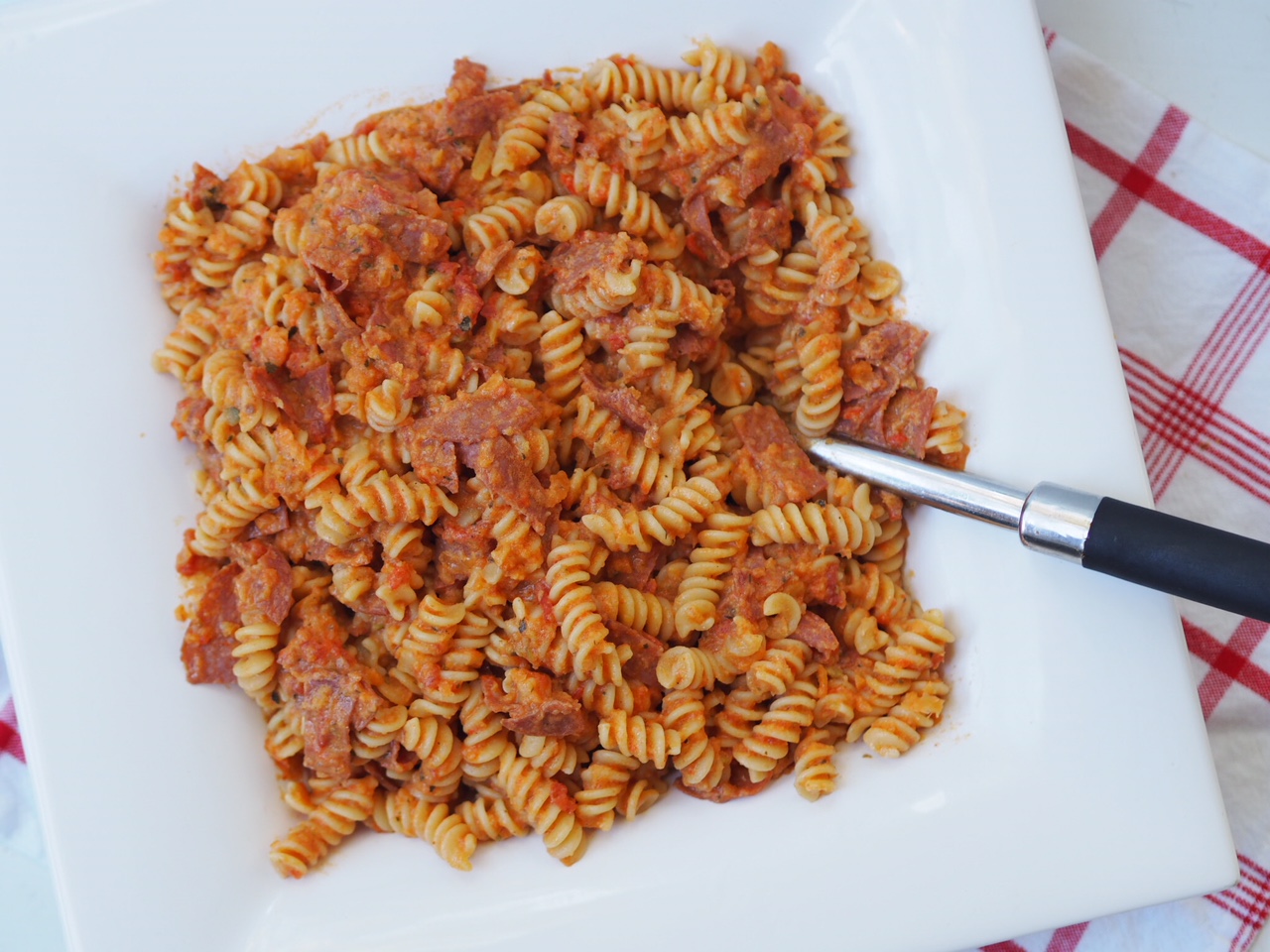 Creamy Five Vegetable and Salami Fusilli Pasta