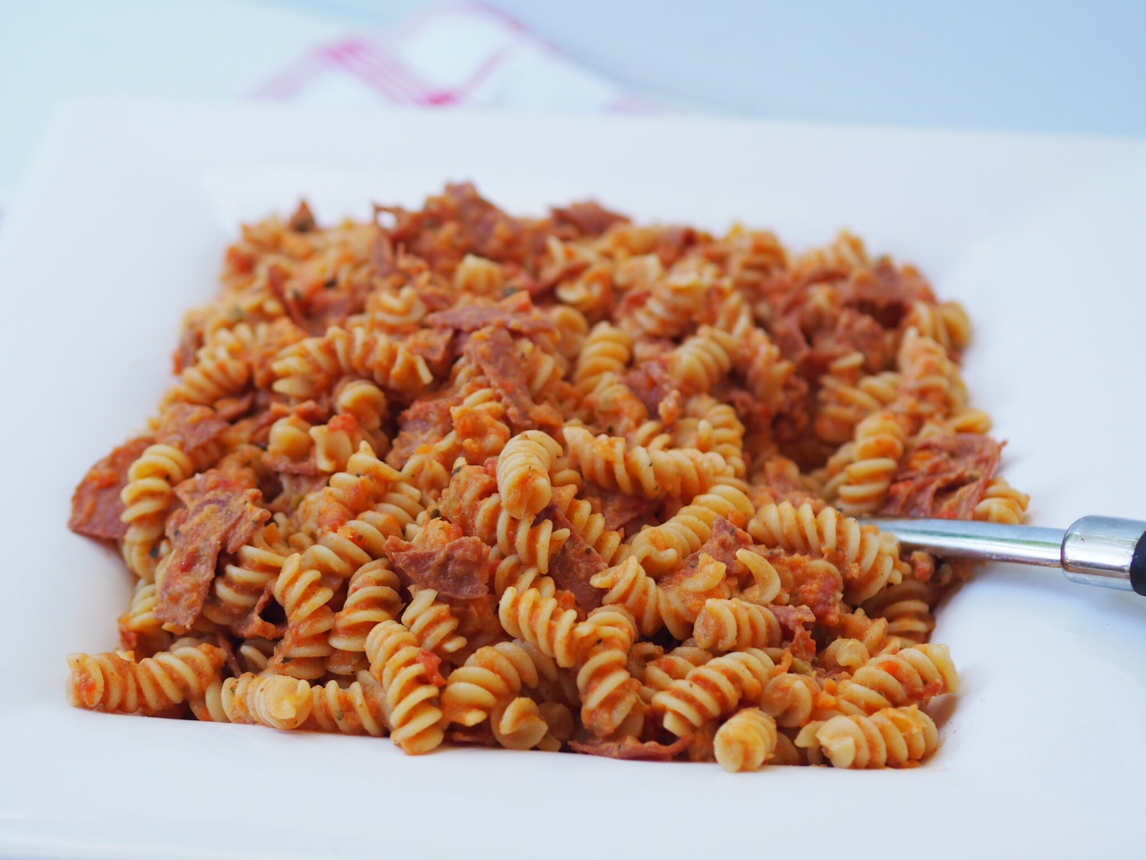 Creamy Five Vegetable and Salami Fusilli Pasta