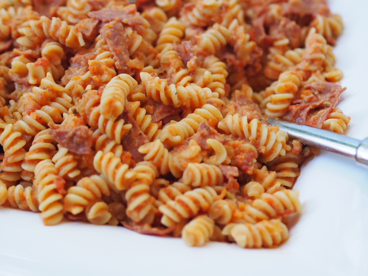 Creamy Five Vegetable and Salami Fusilli Pasta