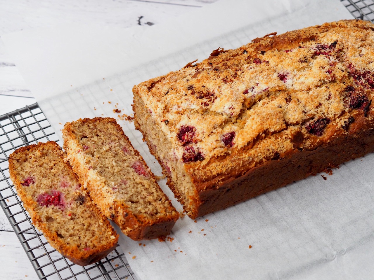 Raspberry and Coconut Banana Bread