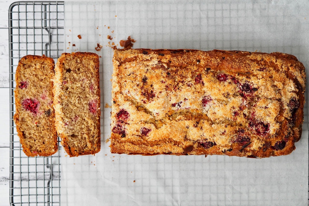 Raspberry and Coconut Banana Bread