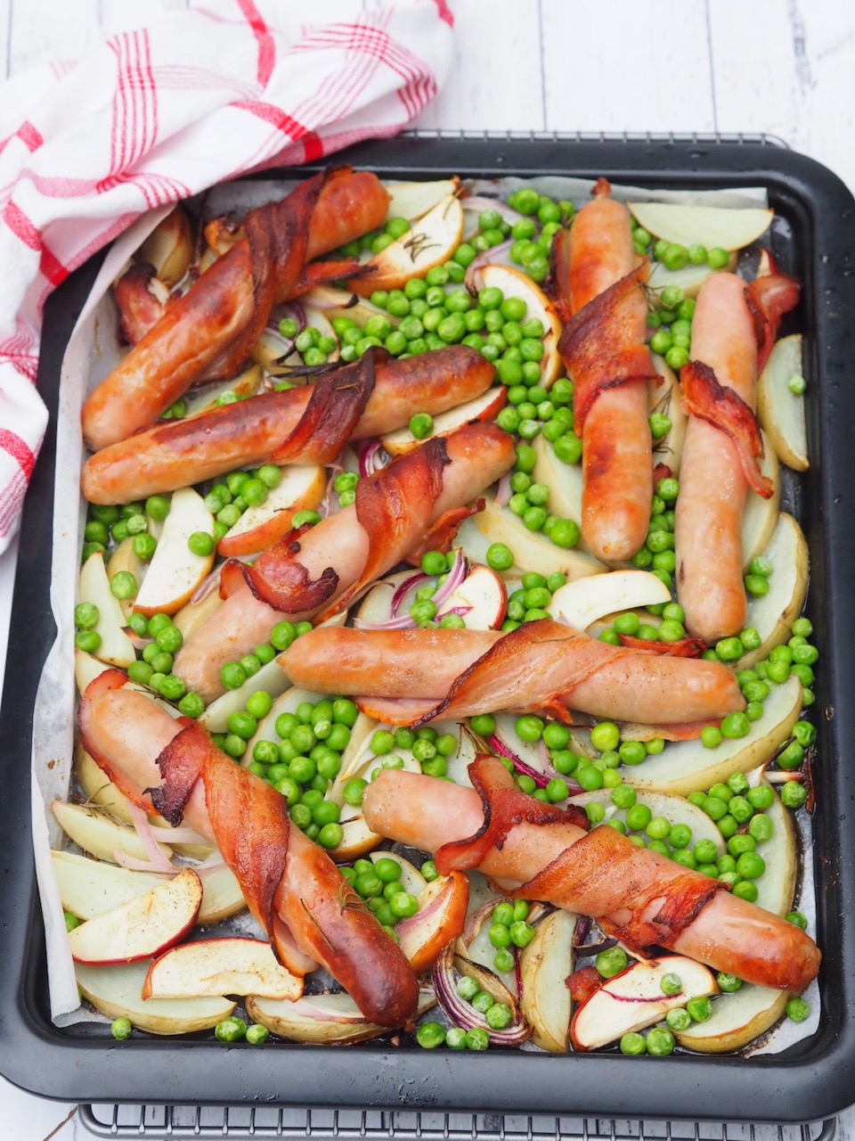 Tray Bake: Bacon Wrapped Sausages