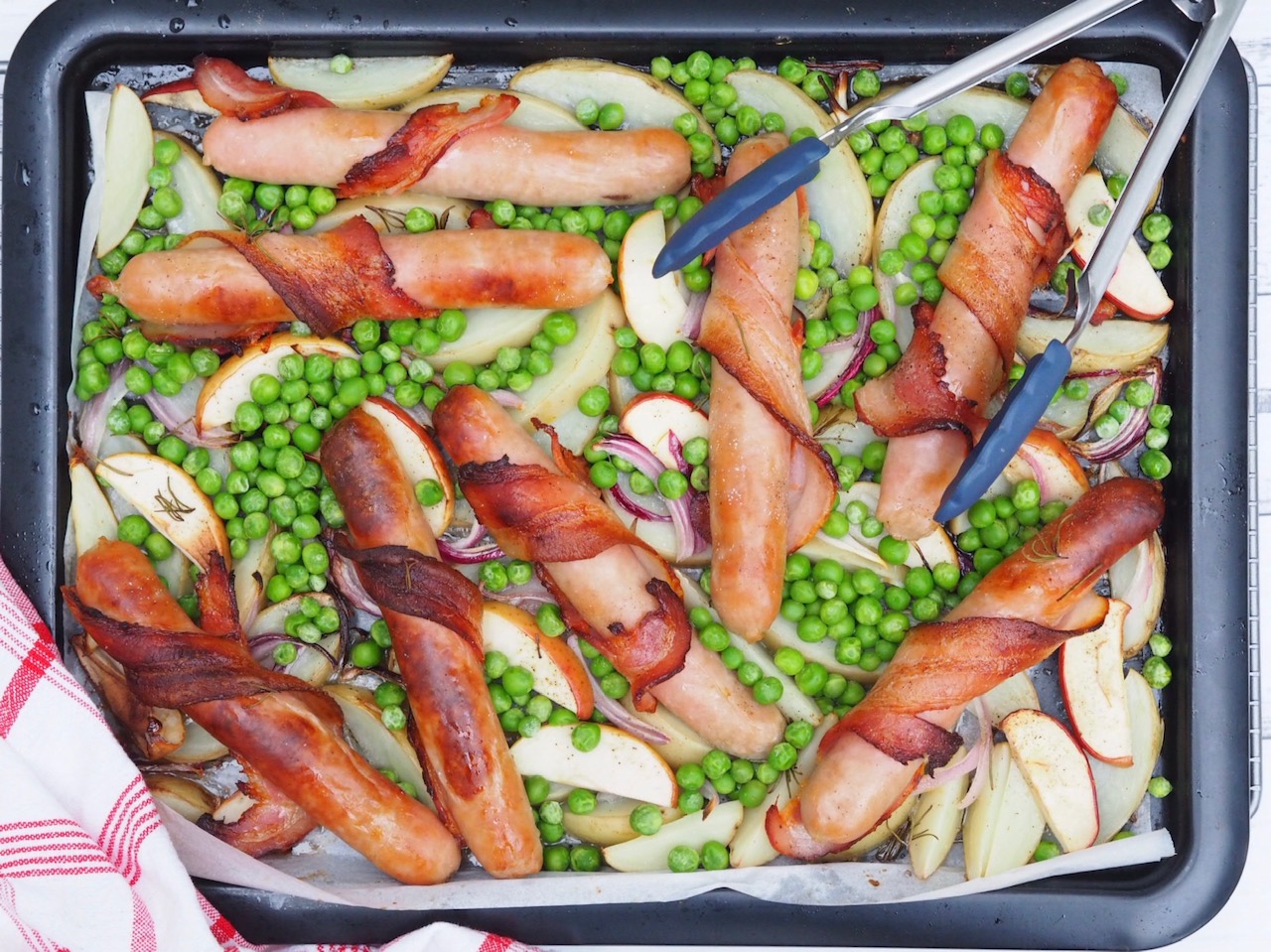 Tray Bake: Bacon Wrapped Sausages