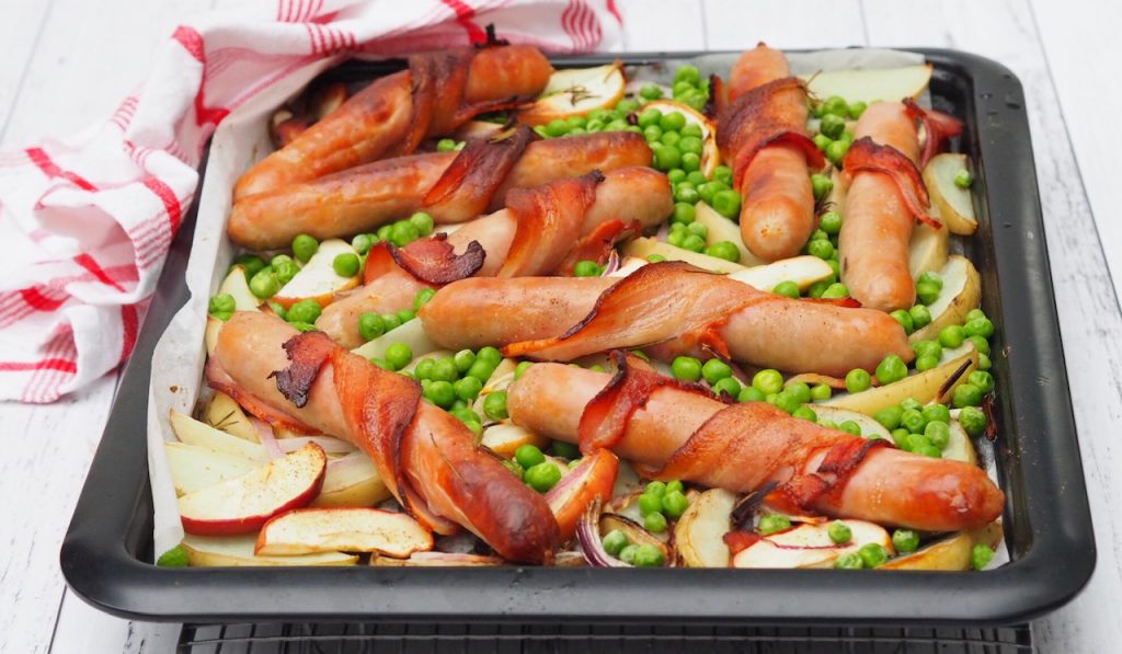 Tray Bake Bacon Wrapped Sausages This Is Cooking for Busy MumsThis