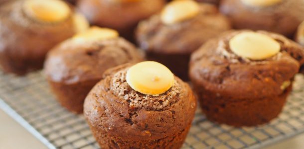 Chocolate Banana Muffins with White Chocolate Chips