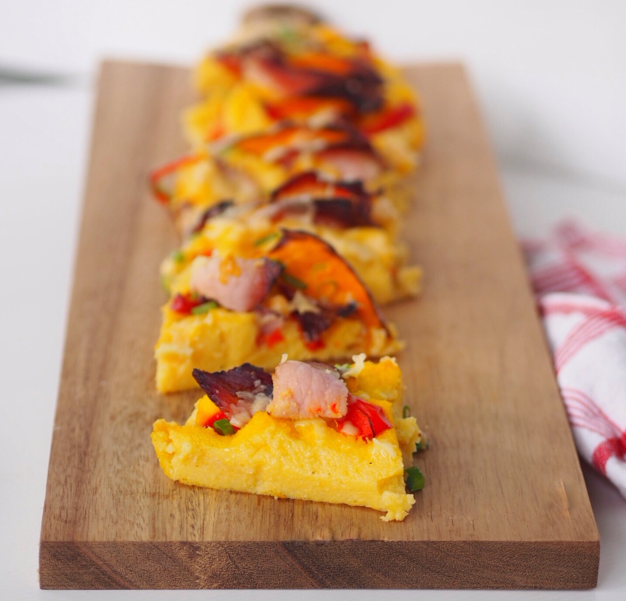 Baked Polenta Slice with Crispy Bacon, Pumpkin and Capsicum