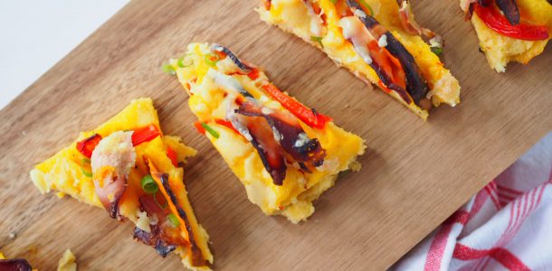 Baked Polenta Slice with Crispy Bacon, Pumpkin and Capsicum